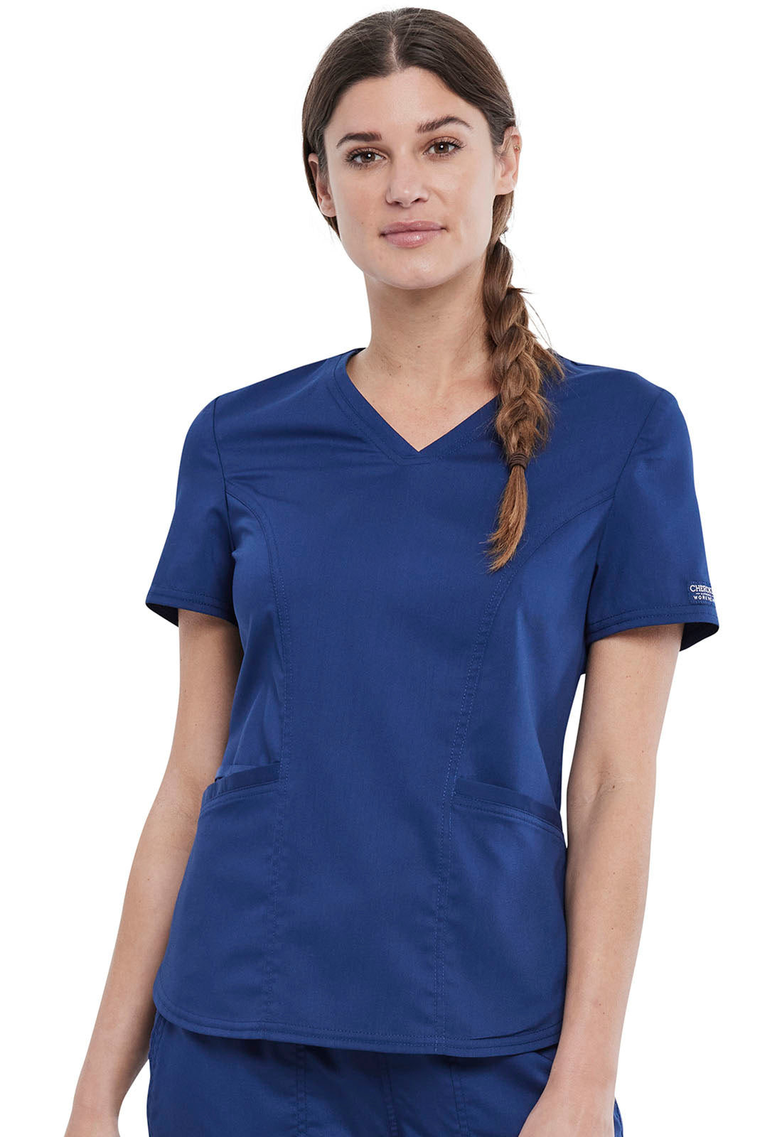 Revolution WW612 V-Neck Top Navy Model Image Front | Cherokee Workwear