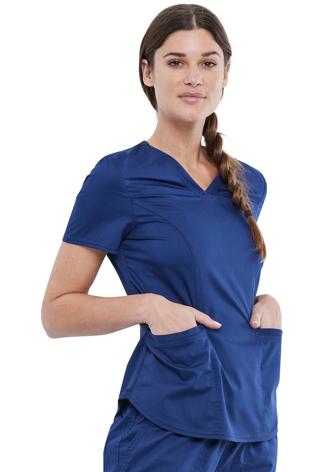 Revolution WW612 V-Neck Top Navy Model Image Left Side | Cherokee Workwear