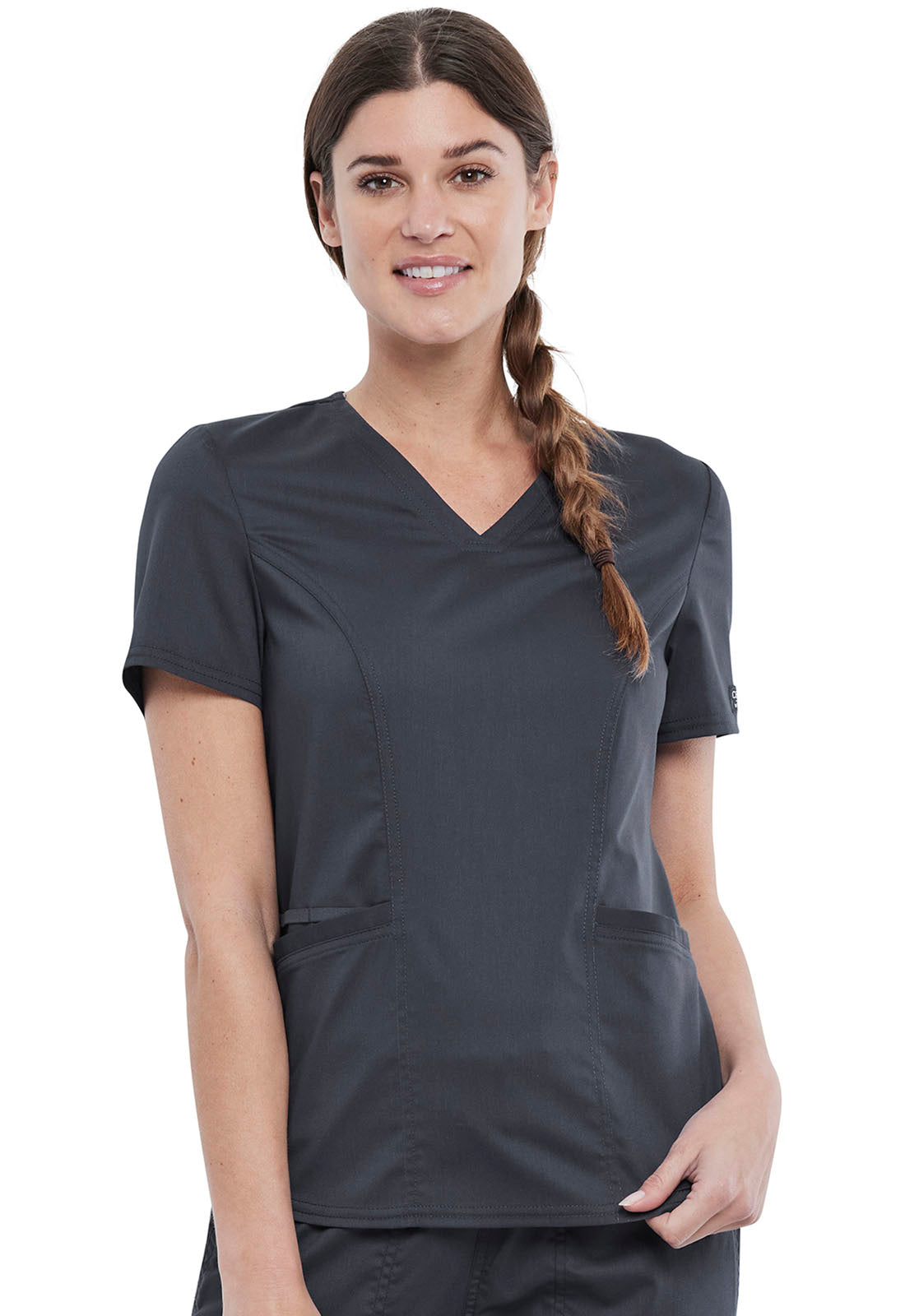 Revolution WW612 V-Neck Top Pewter Model Image Front | Cherokee Workwear