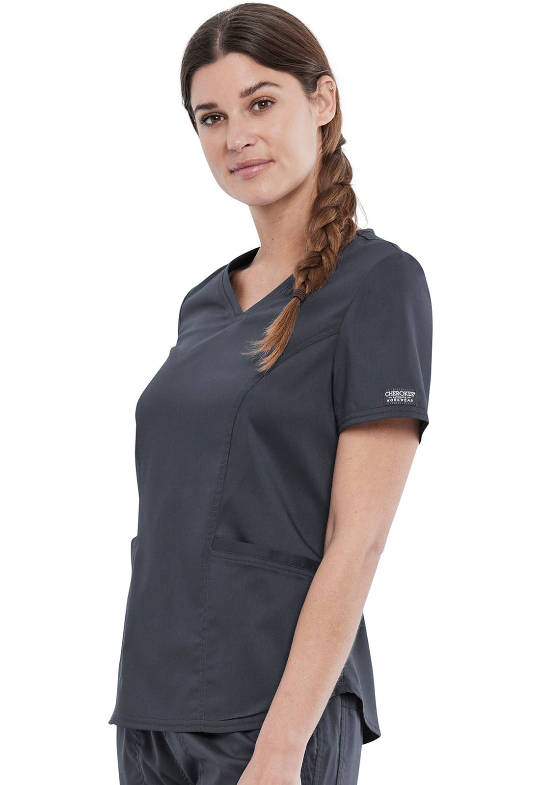 Revolution WW612 V-Neck Top Pewter Model Image Right Side | Cherokee Workwear