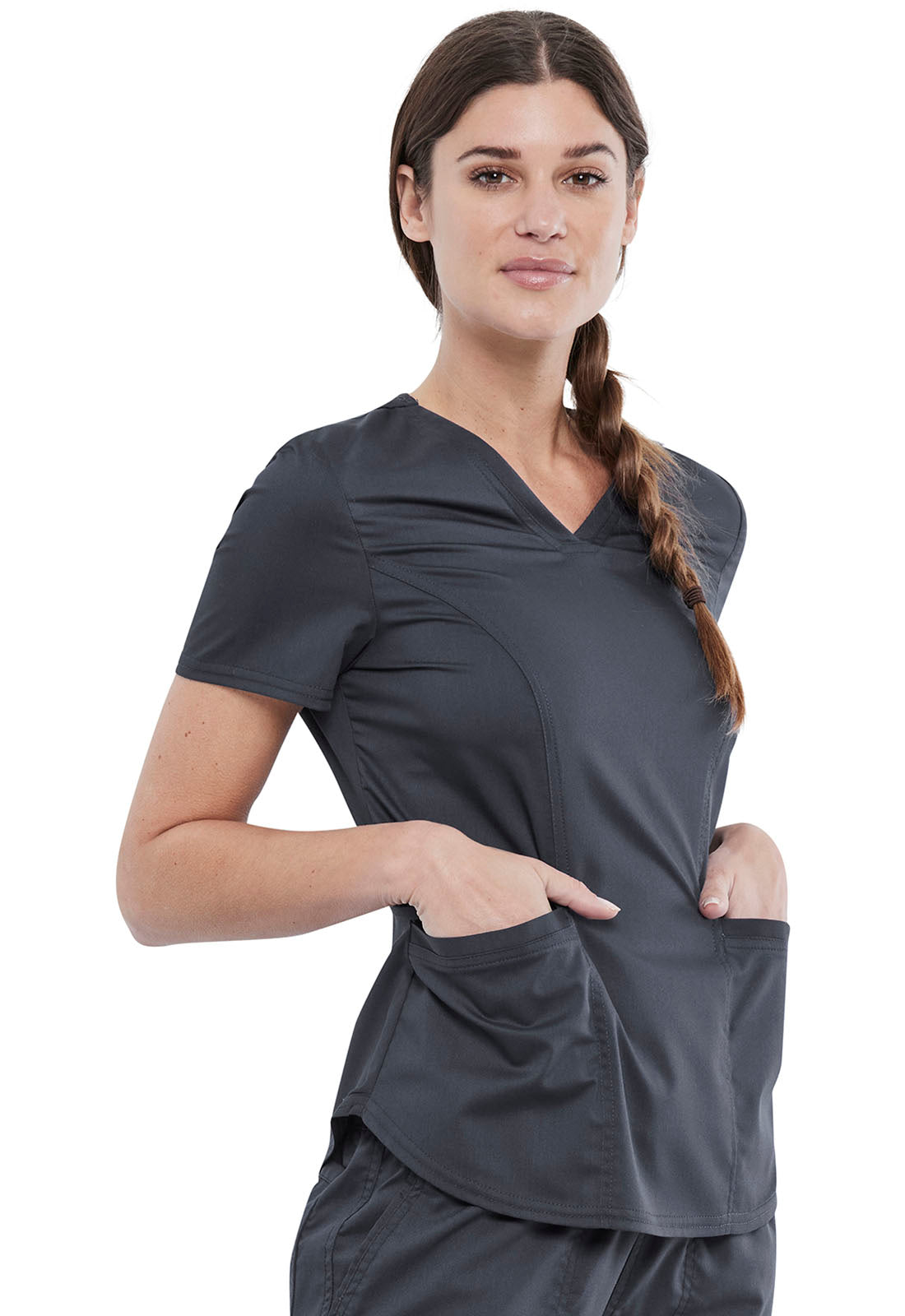 Revolution WW612 V-Neck Top Pewter Model Image Left Side | Cherokee Workwear