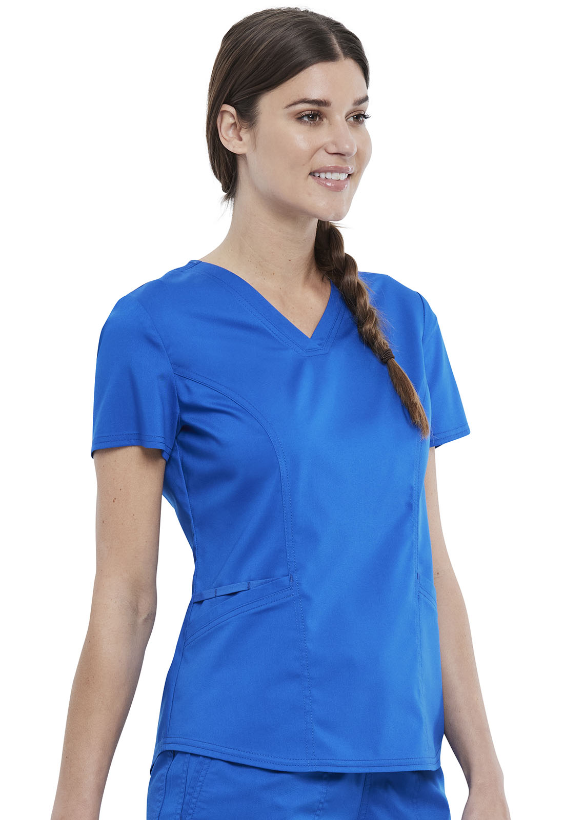 Revolution WW612 V-Neck Top Royal Model Image Left Side | Cherokee Workwear