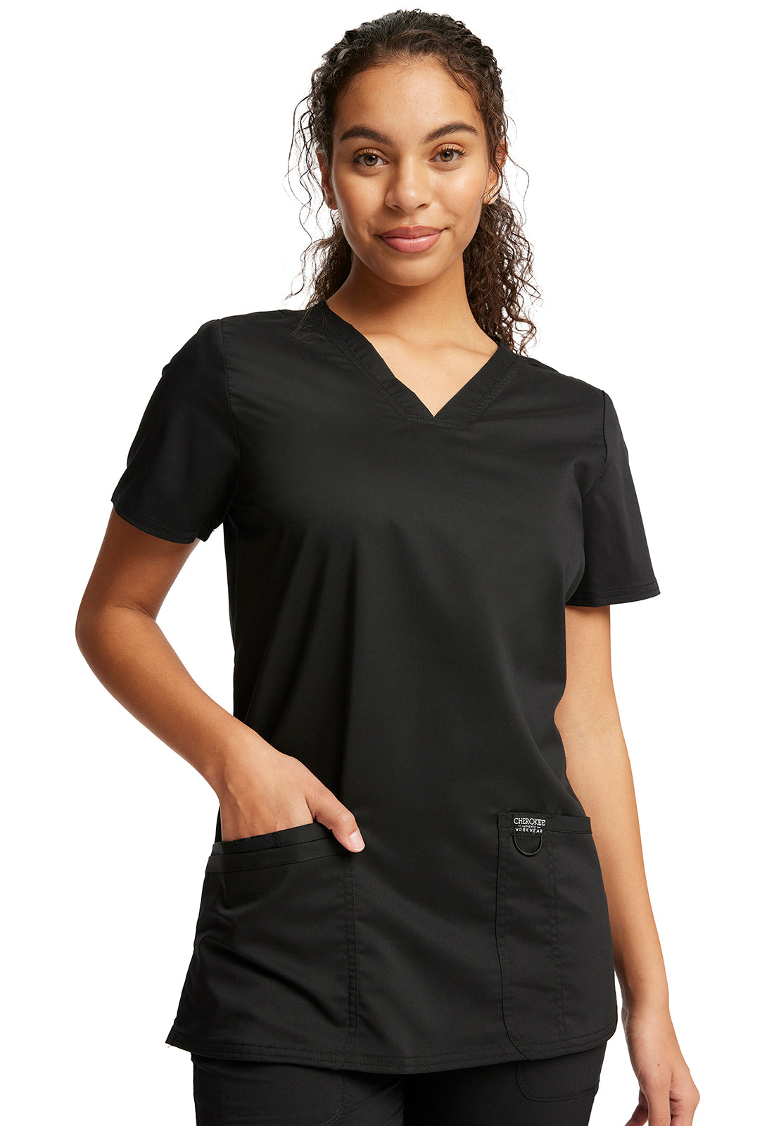 Revolution WW620 V-Neck Top Black Model Image Front | Cherokee Workwear