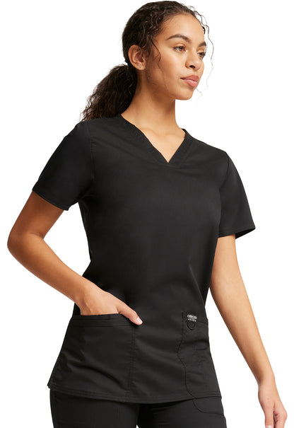 Revolution WW620 V-Neck Top Black Model Image Left Side | Cherokee Workwear