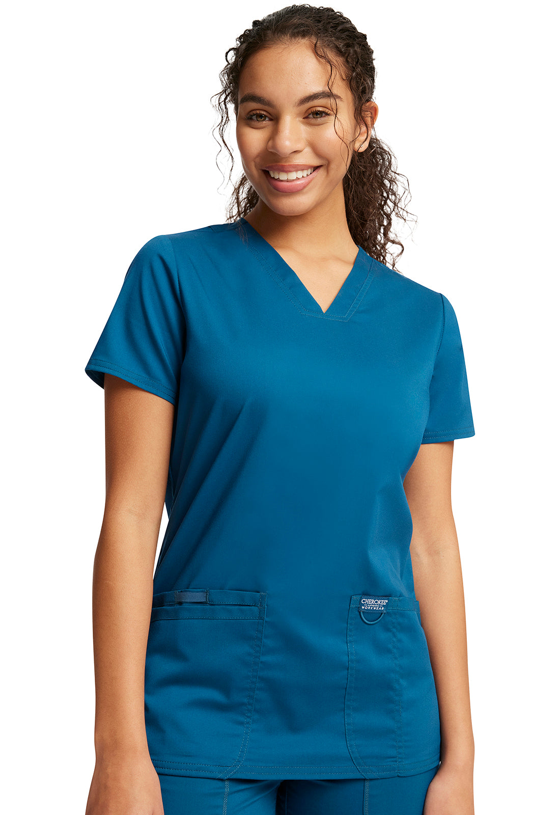 Revolution WW620 V-Neck Top Caribbean Blue Model Image Front | Cherokee Workwear