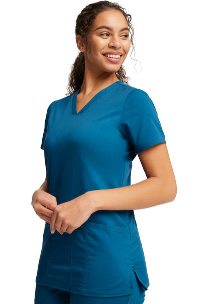 Revolution WW620 V-Neck Top Caribbean Blue Model Image Right Side | Cherokee Workwear