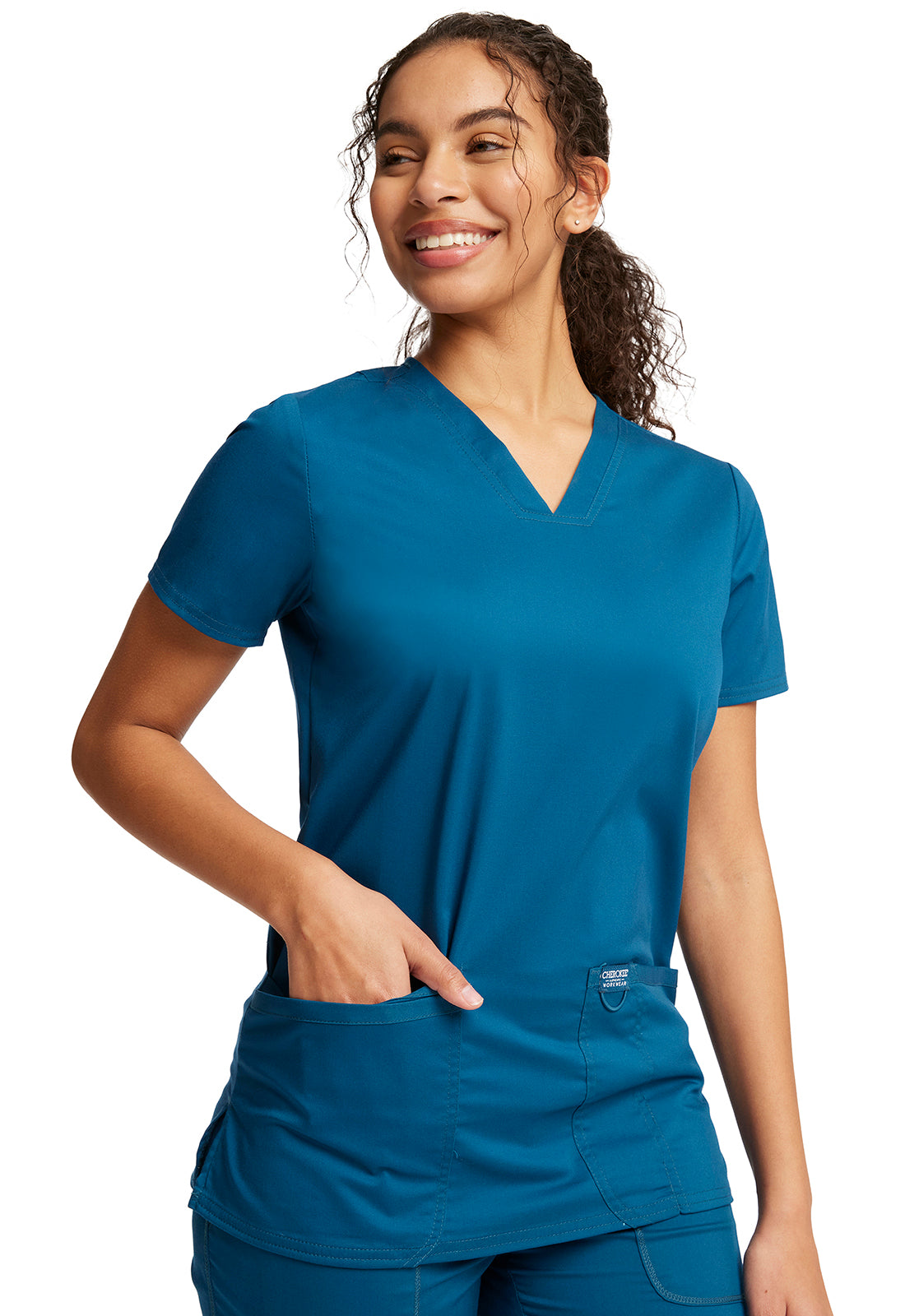 Revolution WW620 V-Neck Top Caribbean Blue Model Image Left Side | Cherokee Workwear