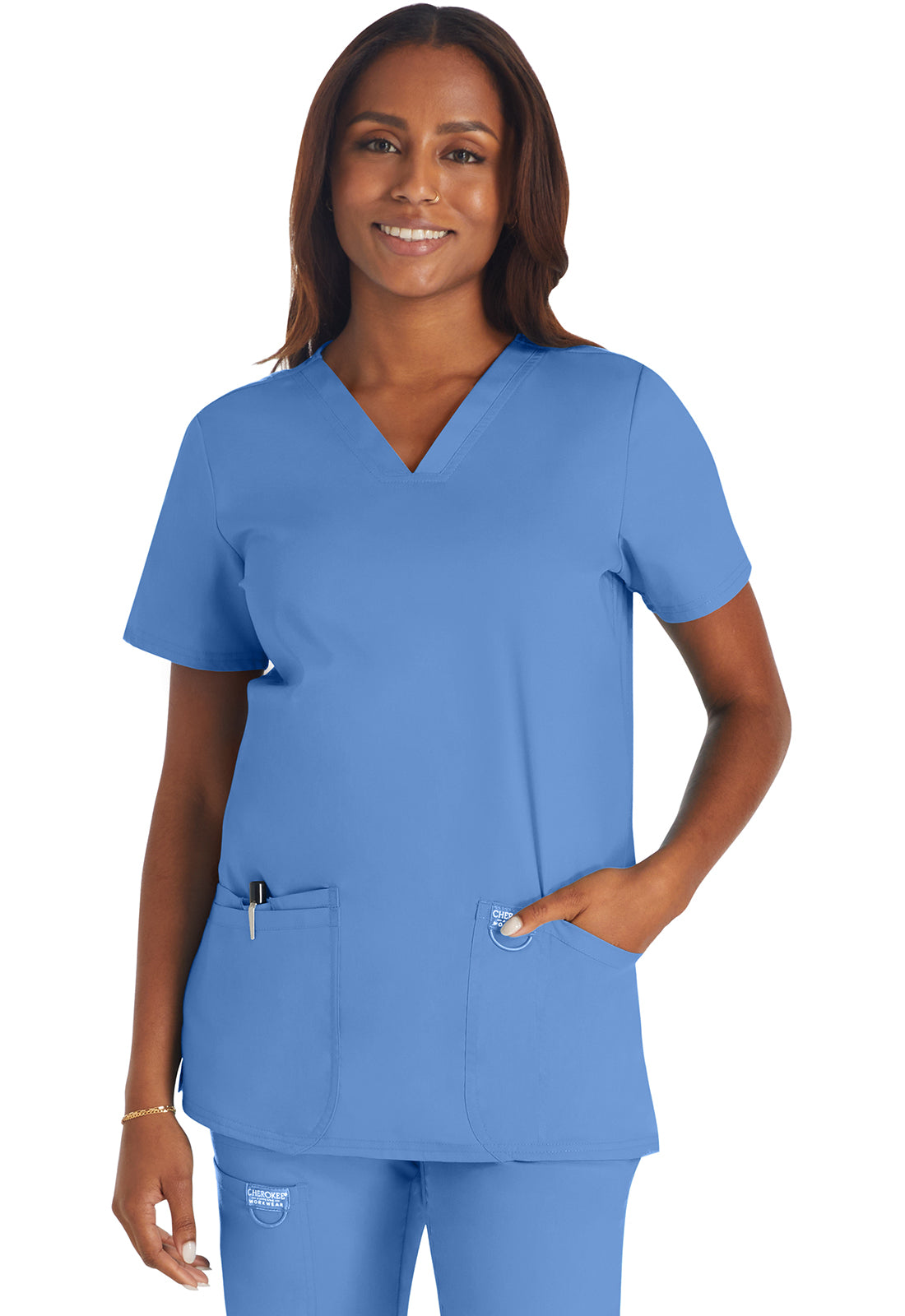 Revolution WW620 V-Neck Top Ciel Model Image Front | Cherokee Workwear