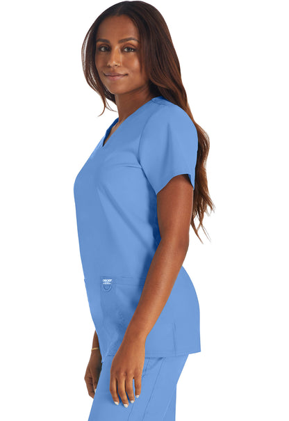 Revolution WW620 V-Neck Top Ciel Model Image Right Side | Cherokee Workwear