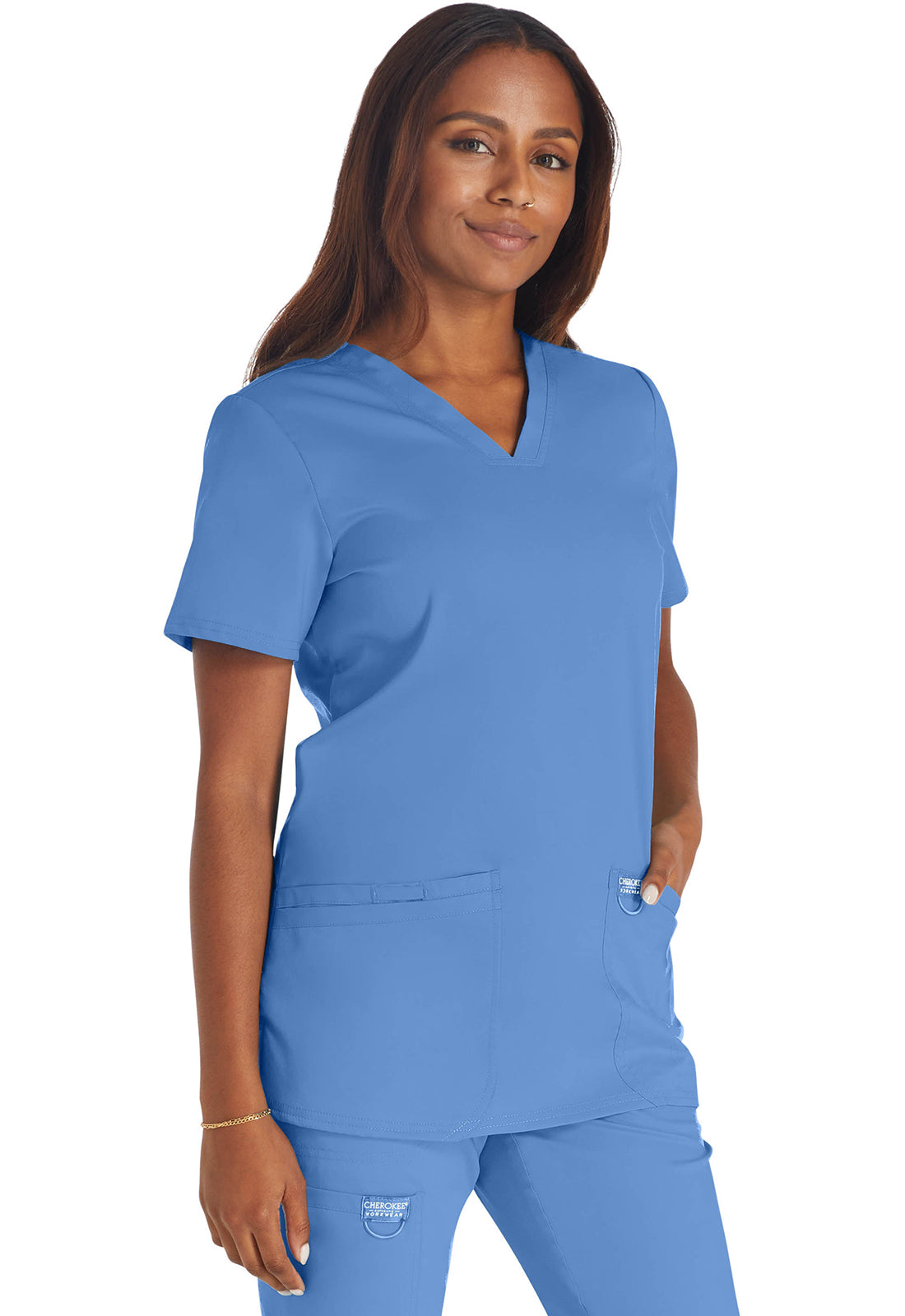 Revolution WW620 V-Neck Top Ciel Model Image Left Side | Cherokee Workwear