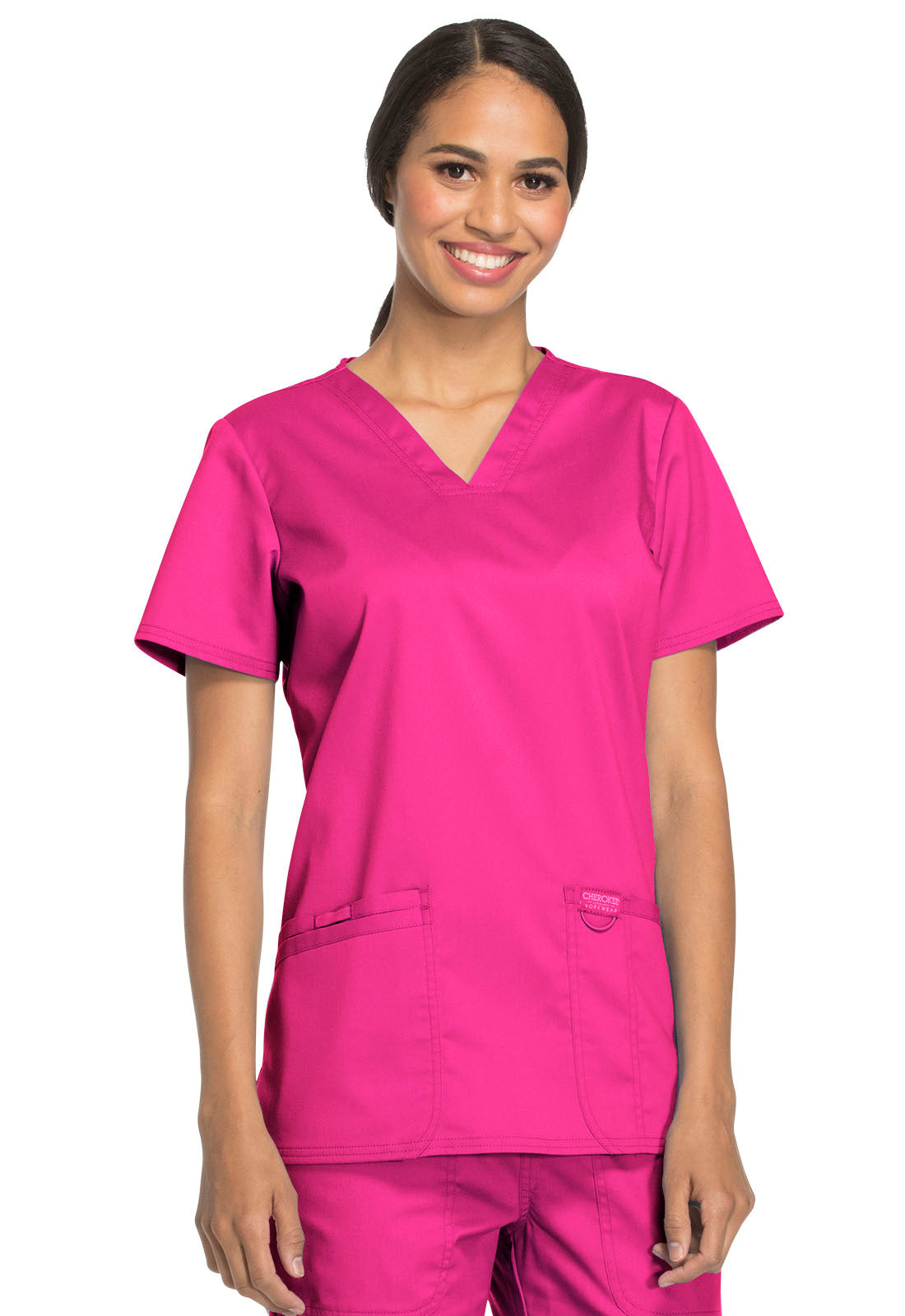 Revolution WW620 V-Neck Top Electric Pink Model Image Front | Cherokee Workwear