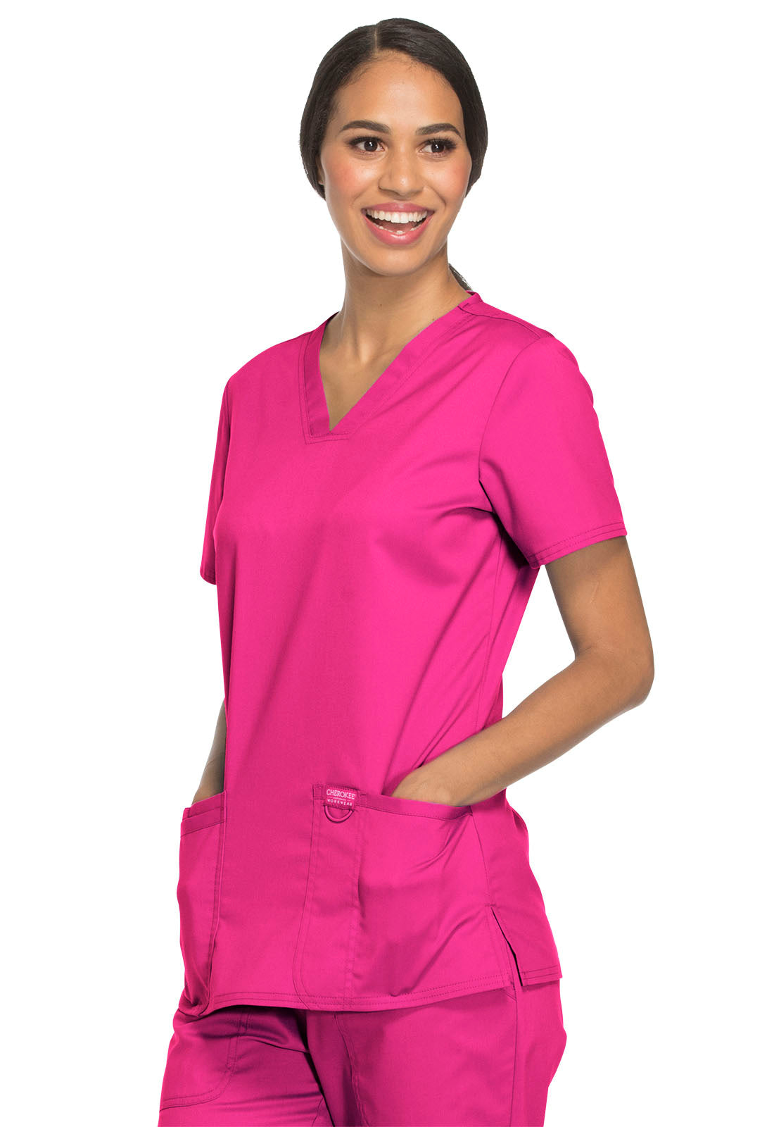 Revolution WW620 V-Neck Top Electric Pink Model Image Right Side | Cherokee Workwear