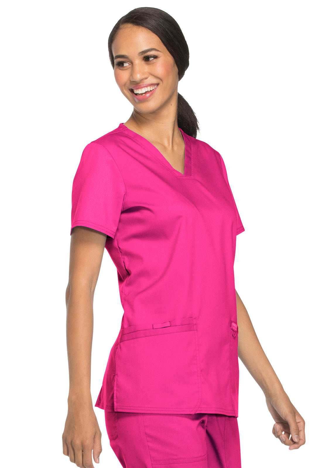 Revolution WW620 V-Neck Top Electric Pink Model Image Left Side | Cherokee Workwear