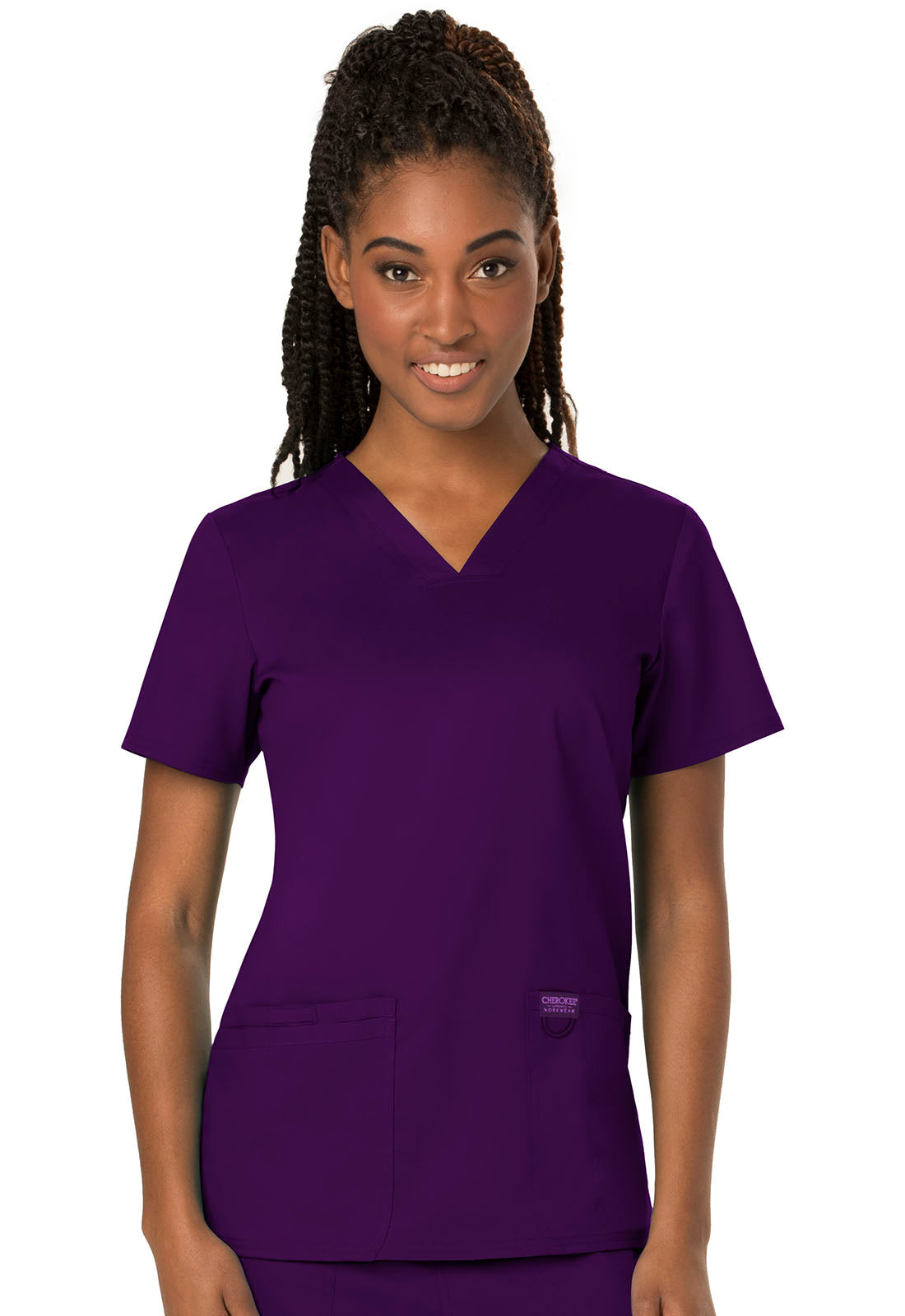 Revolution WW620 V-Neck Top Eggplant Model Image Front | Cherokee Workwear