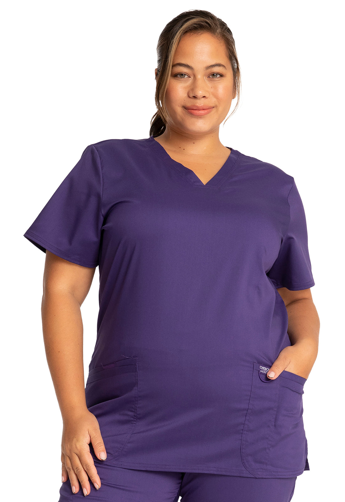 Revolution WW620 V-Neck Top Grape Model Image Front | Cherokee Workwear