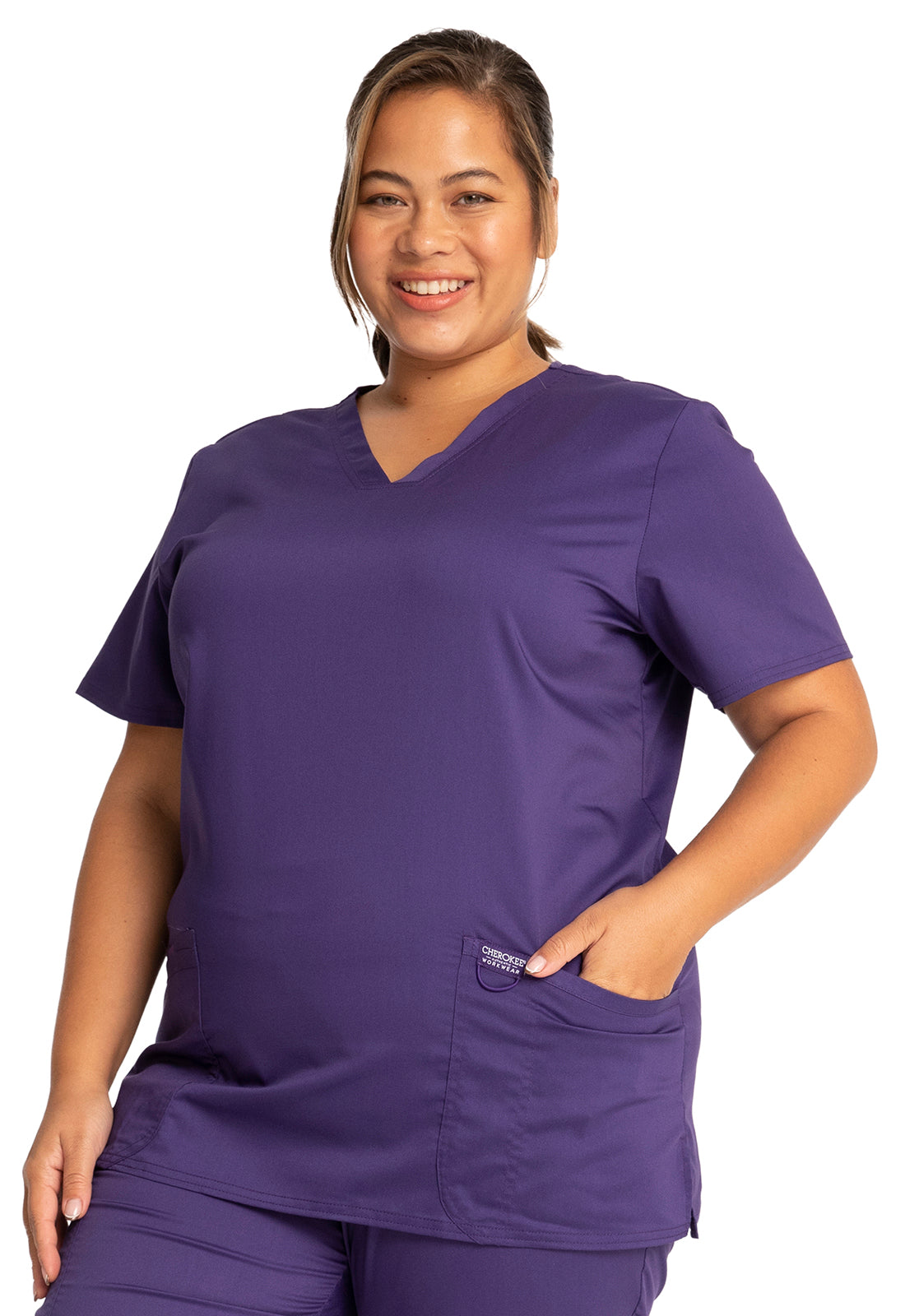 Revolution WW620 V-Neck Top Grape Model Image Right Side | Cherokee Workwear