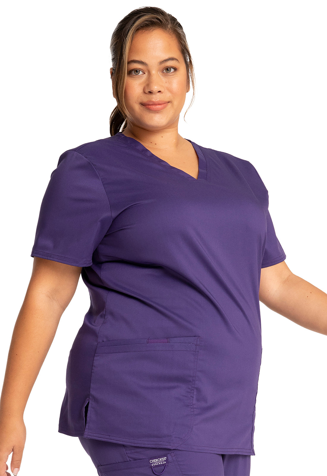 Revolution WW620 V-Neck Top Grape Model Image Left Side | Cherokee Workwear