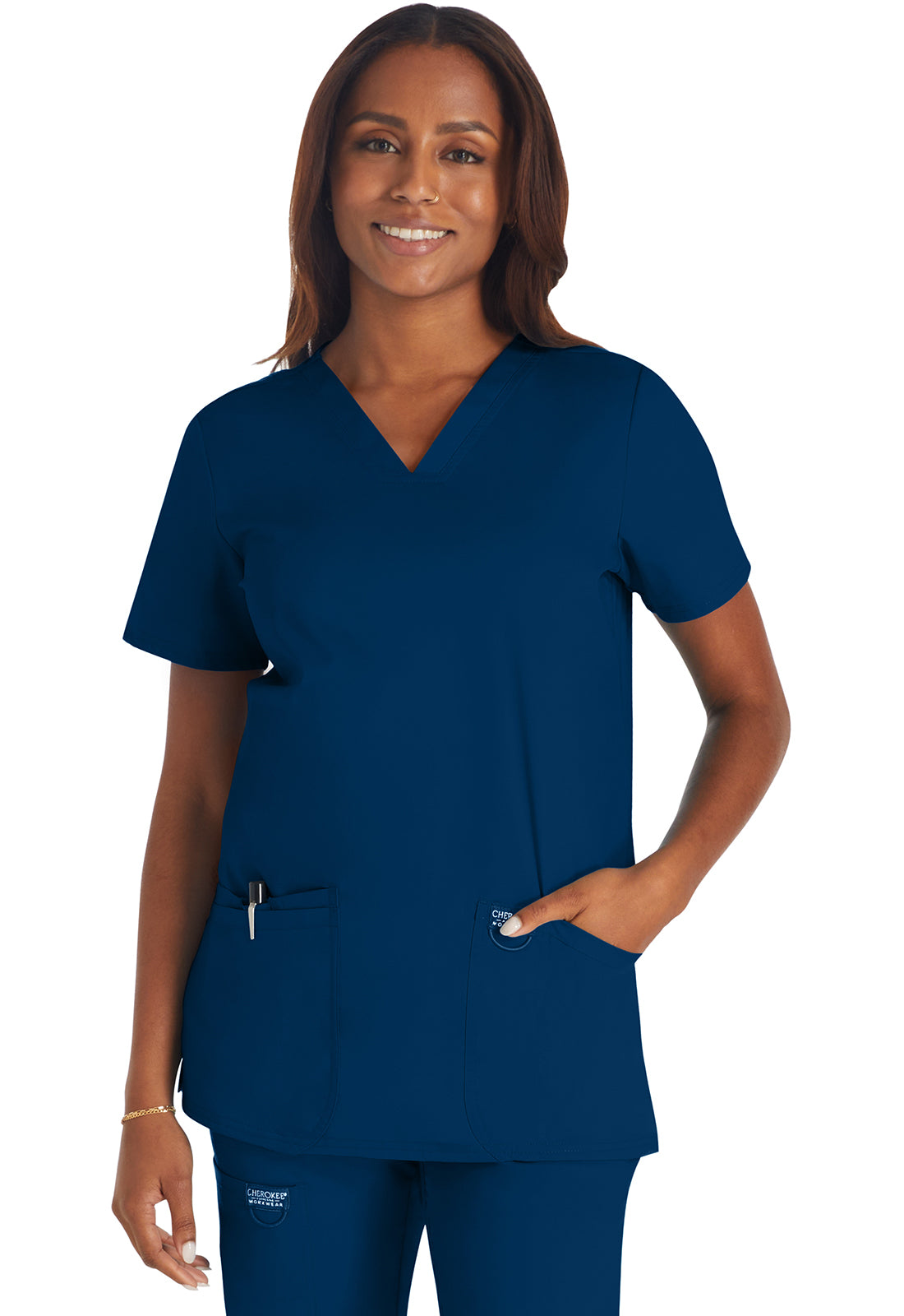 Revolution WW620 V-Neck Top Navy Model Image Front | Cherokee Workwear