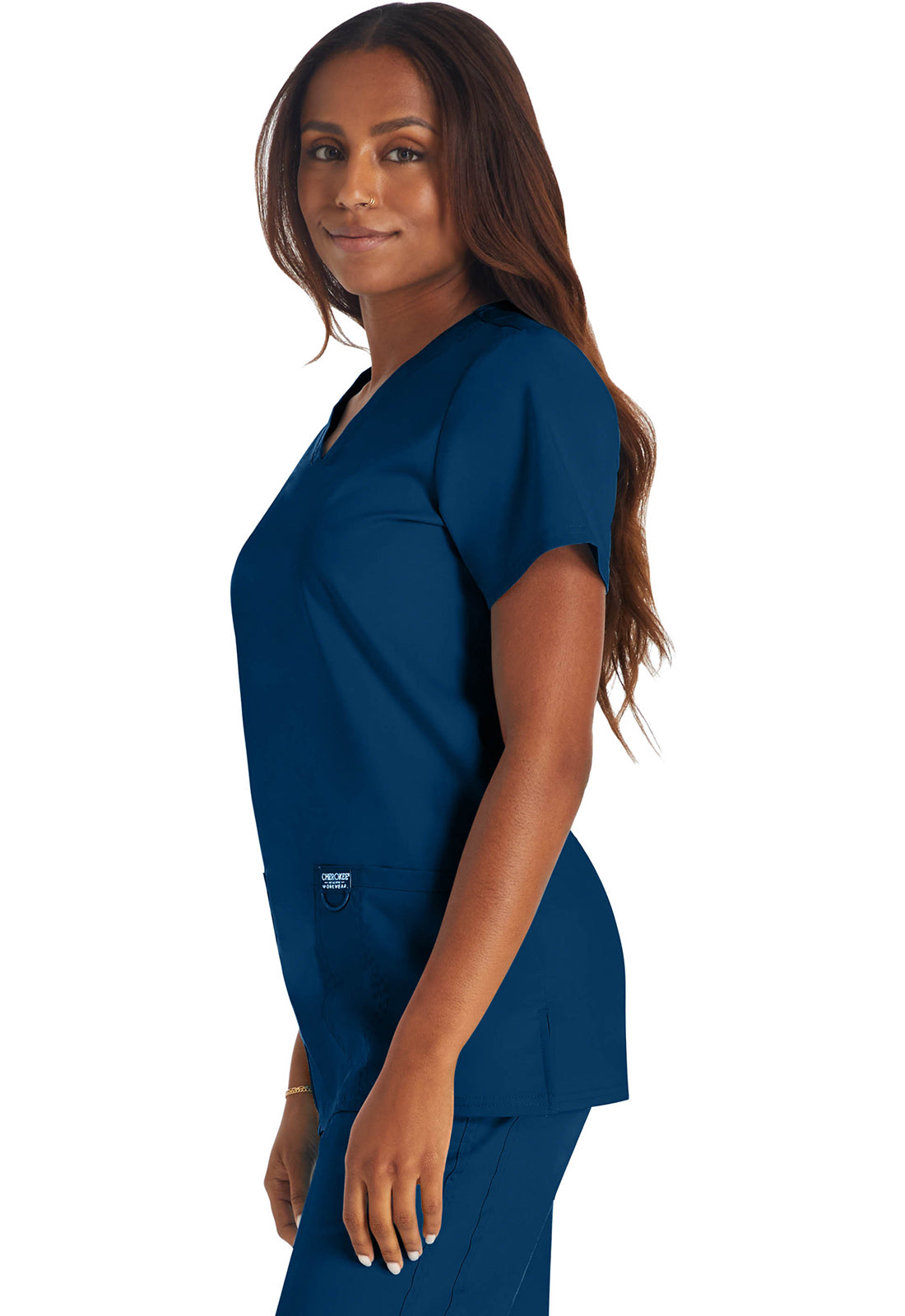 Revolution WW620 V-Neck Top Navy Model Image Right Side | Cherokee Workwear