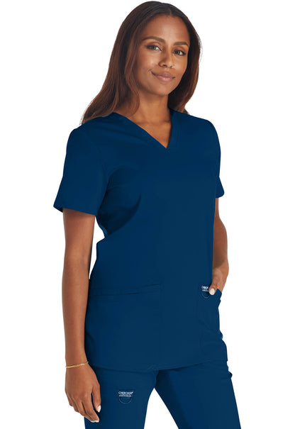 Revolution WW620 V-Neck Top Navy Model Image Left Side | Cherokee Workwear