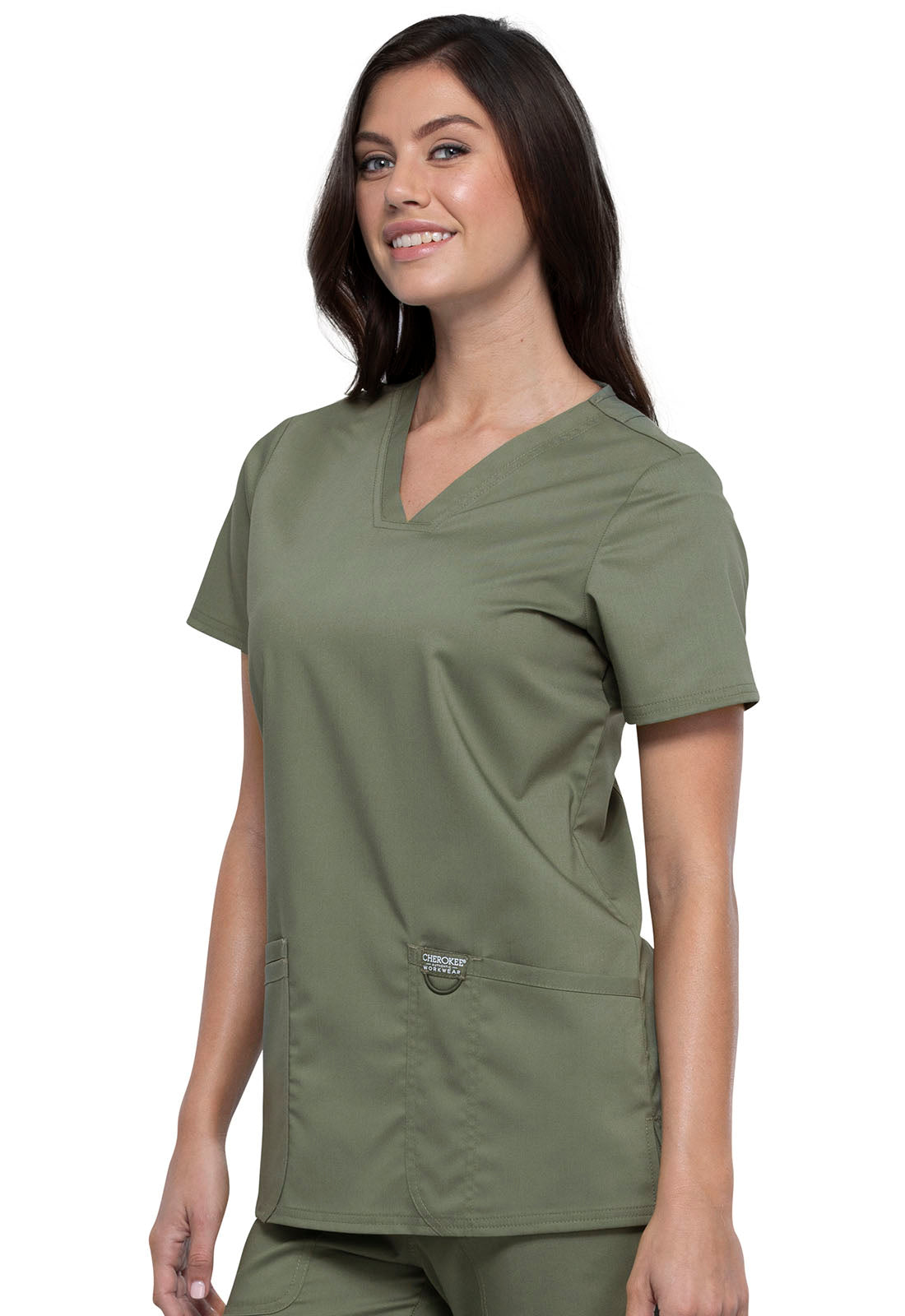 Revolution WW620 V-Neck Top Olive Model Image Right Side | Cherokee Workwear