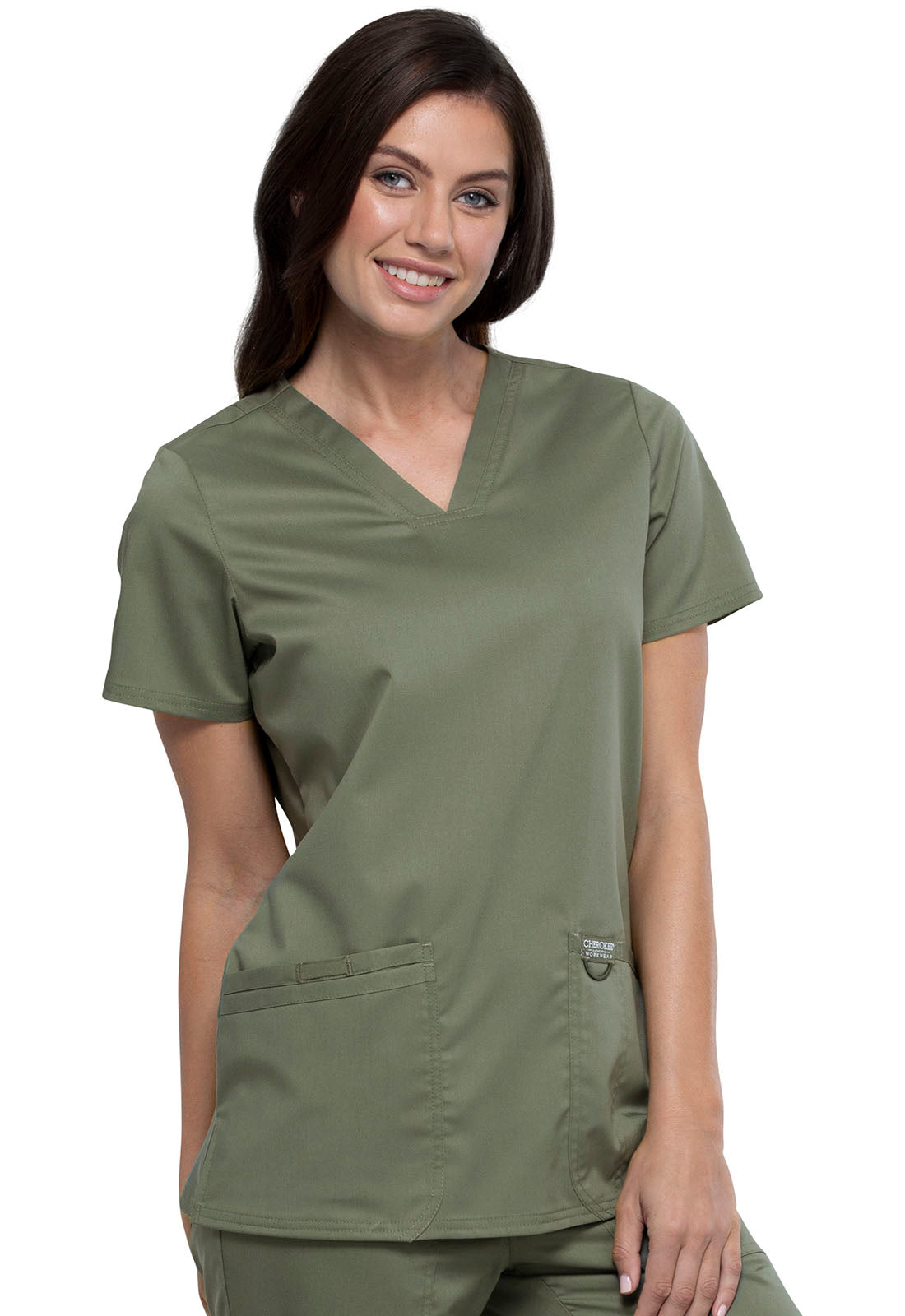 Revolution WW620 V-Neck Top Olive Model Image Left Side | Cherokee Workwear