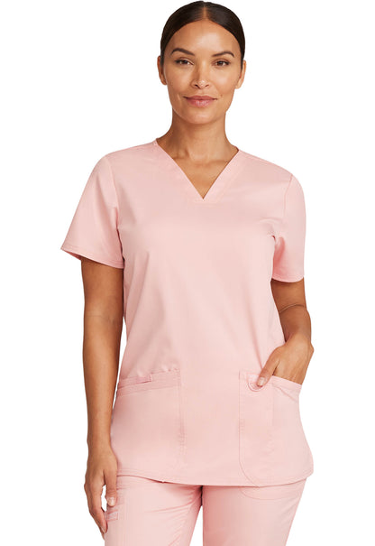 Revolution WW620 V-Neck Top Pink Essence Model Image Front | Cherokee Workwear