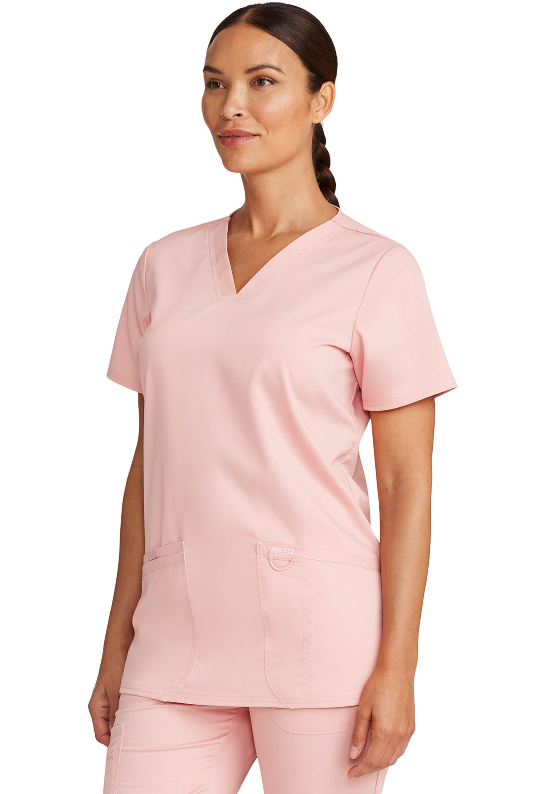 Revolution WW620 V-Neck Top Pink Essence Model Image Right Side | Cherokee Workwear