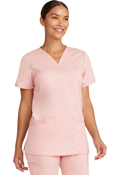 Revolution WW620 V-Neck Top Pink Essence Model Image Left Side | Cherokee Workwear