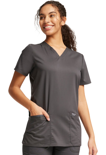 Revolution WW620 V-Neck Top Pewter Model Image Left Side | Cherokee Workwear