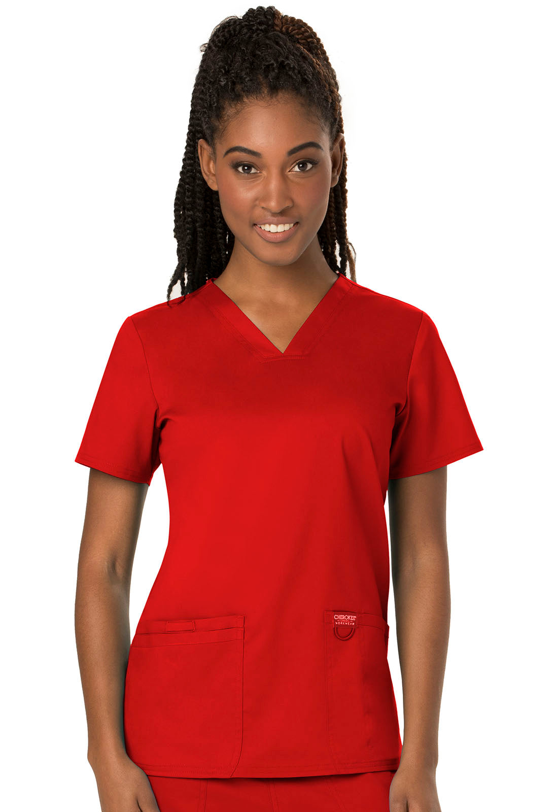 Revolution WW620 V-Neck Top Red Model Image Front | Cherokee Workwear