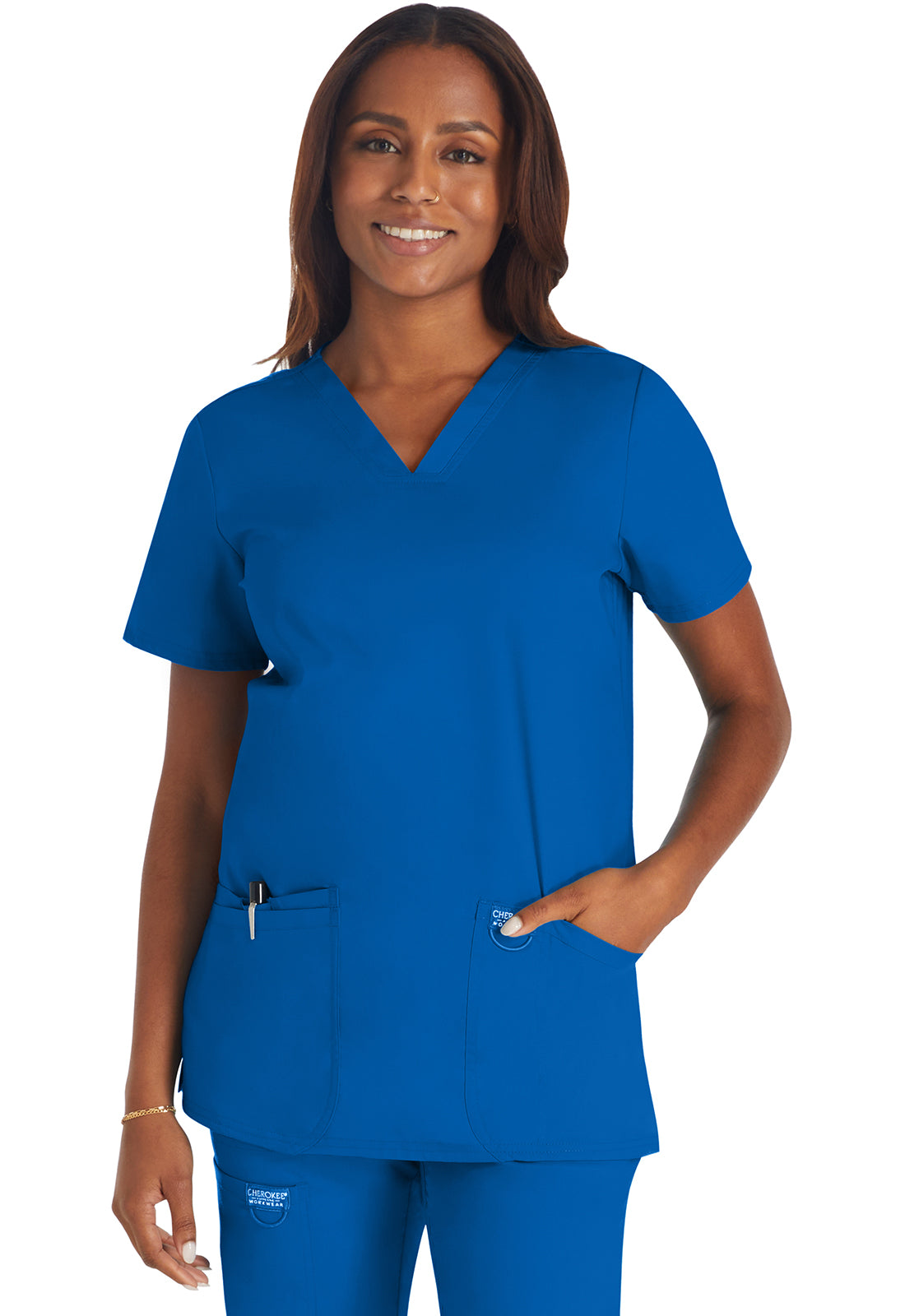 Revolution WW620 V-Neck Top Royal Model Image Front | Cherokee Workwear