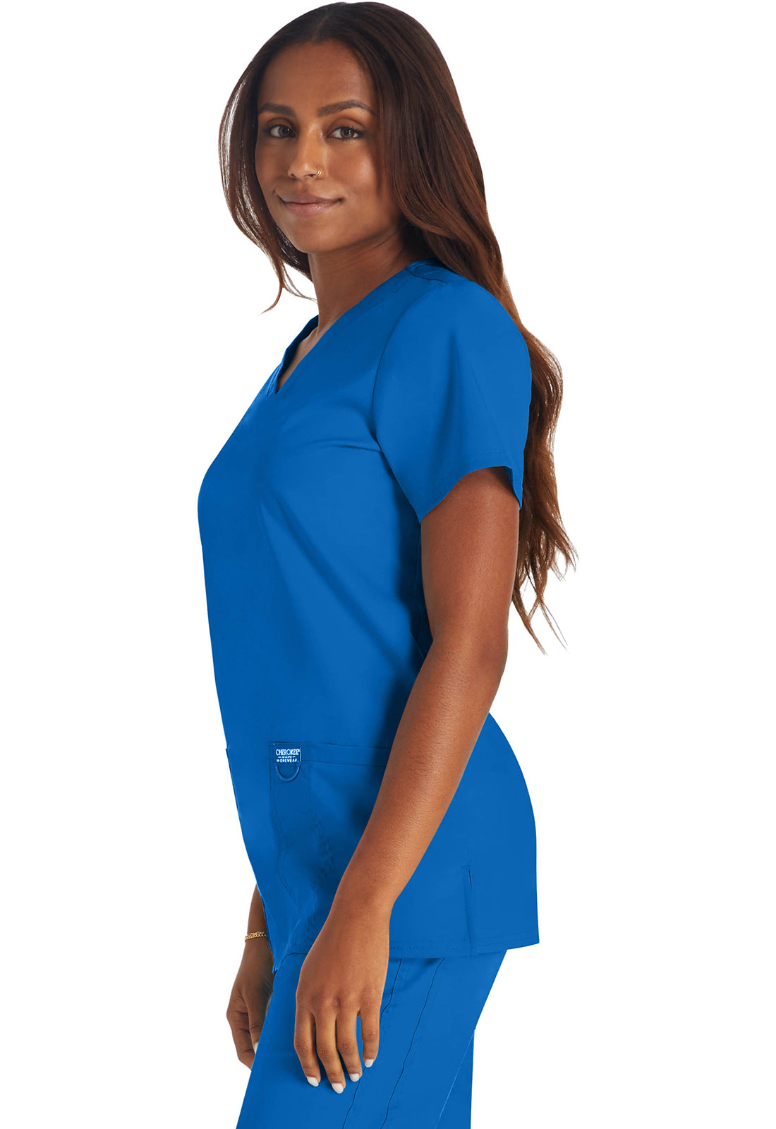 Revolution WW620 V-Neck Top Royal Model Image Right Side | Cherokee Workwear