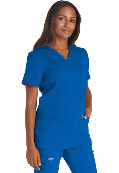 Revolution WW620 V-Neck Top Royal Model Image Left Side | Cherokee Workwear