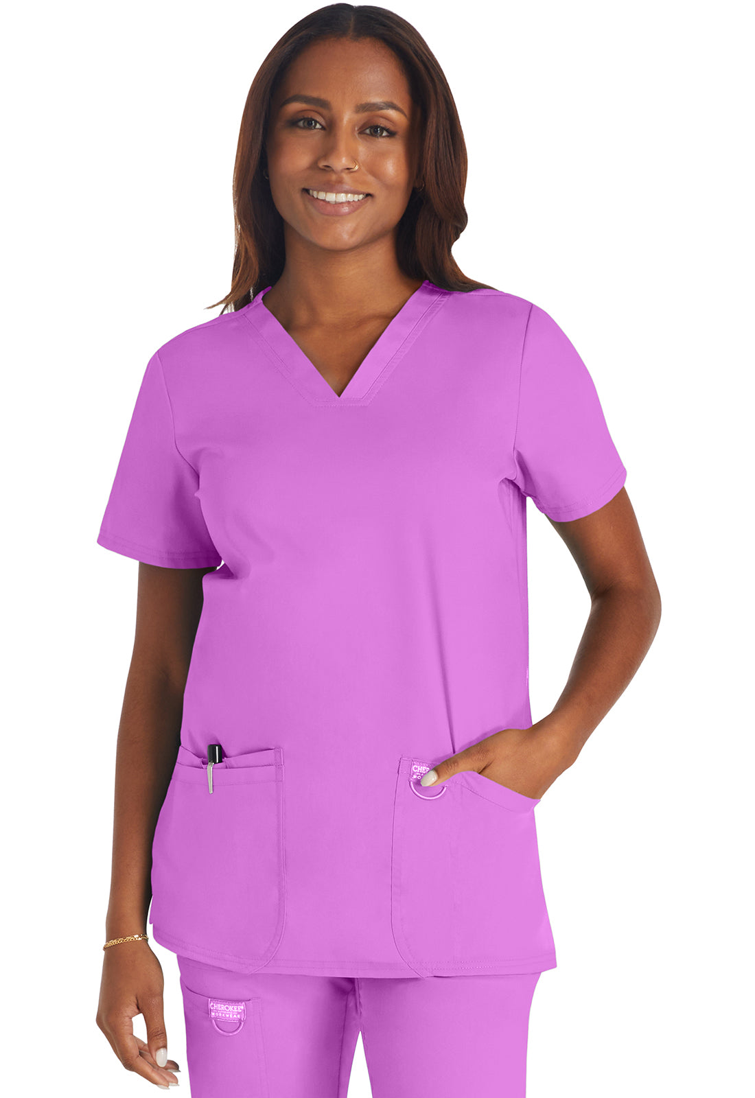 Revolution WW620 V-Neck Top Sweet Berry Model Image Front | Cherokee Workwear