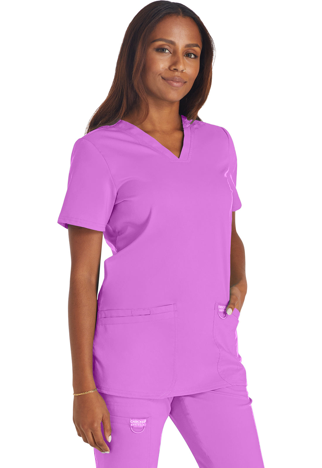 Revolution WW620 V-Neck Top Sweet Berry Model Image Left Side | Cherokee Workwear