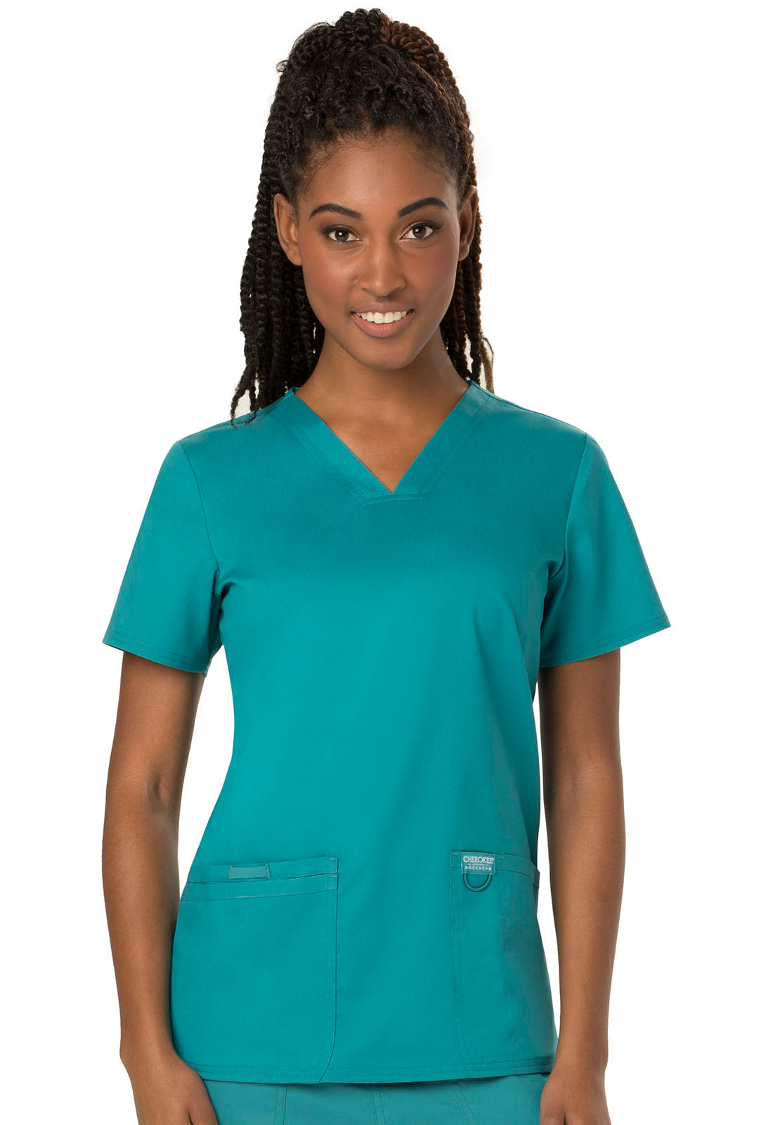 Revolution WW620 V-Neck Top Teal Blue Model Image Front | Cherokee Workwear