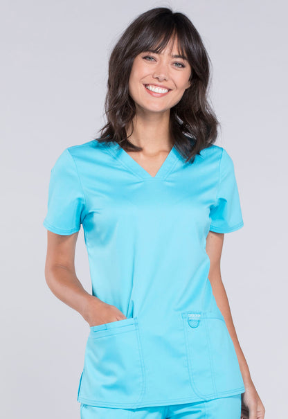 Revolution WW620 V-Neck Top Turquoise Model Image Front | Cherokee Workwear