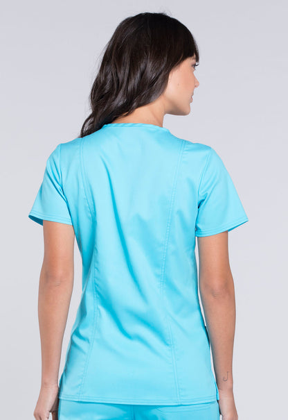 Revolution WW620 V-Neck Top Turquoise Model Image Back | Cherokee Workwear