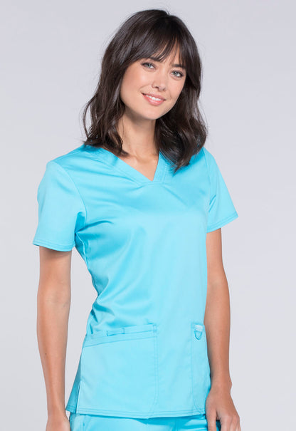 Revolution WW620 V-Neck Top Turquoise Model Image Left Side | Cherokee Workwear