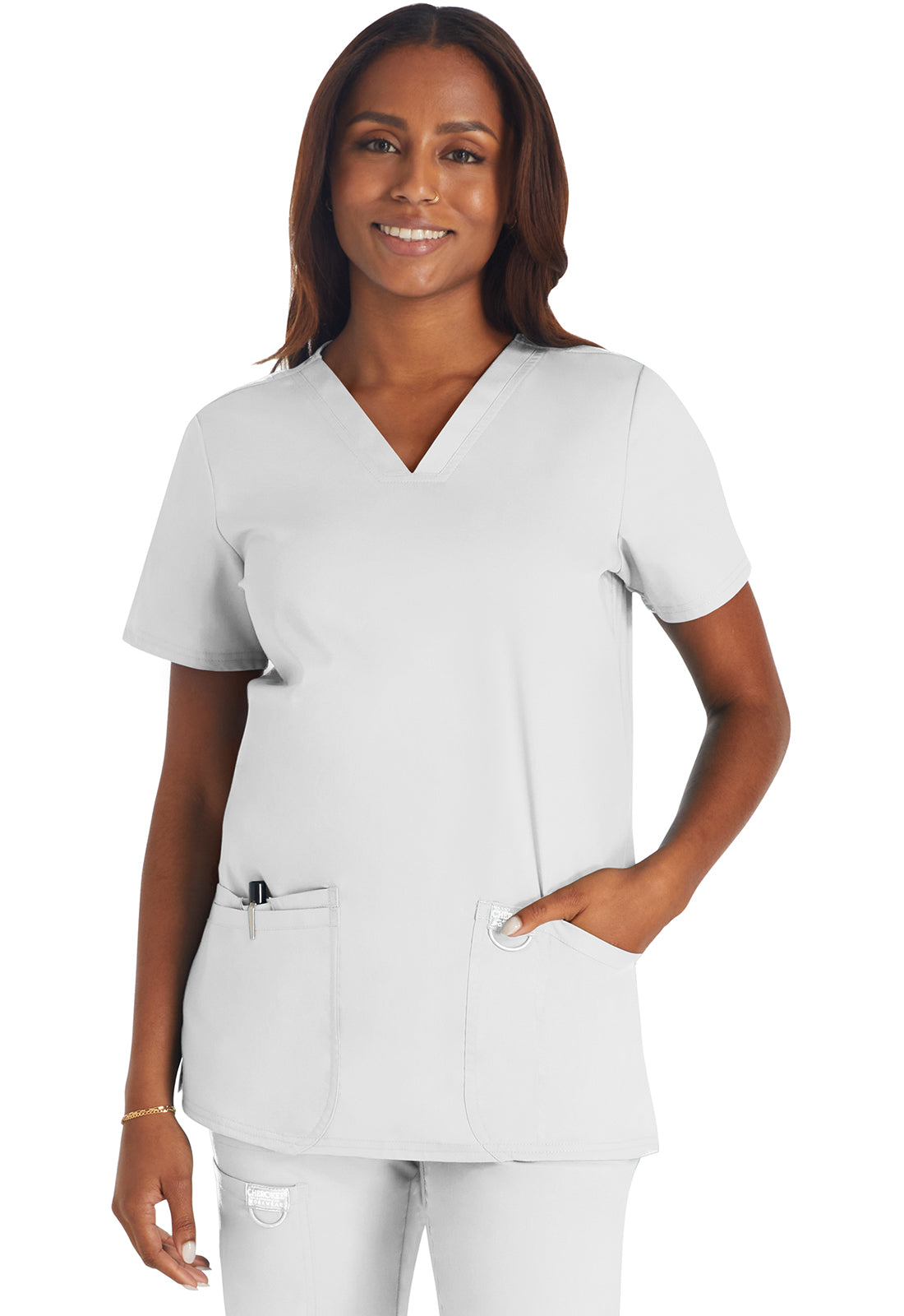 Revolution WW620 V-Neck Top White Model Image Front | Cherokee Workwear