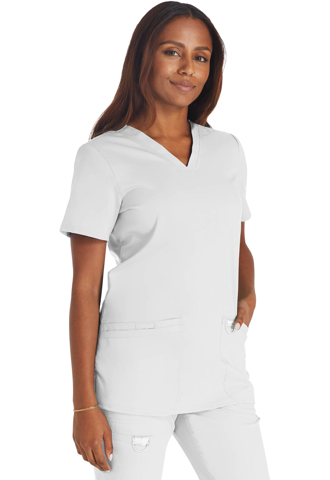 Revolution WW620 V-Neck Top White Model Image Left Side | Cherokee Workwear