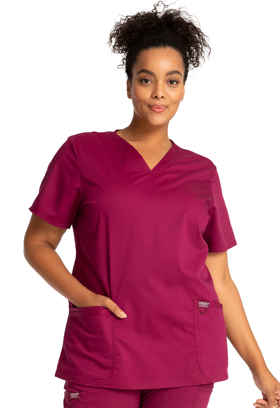 Revolution WW620 V-Neck Top Wine Model Image Front | Cherokee Workwear