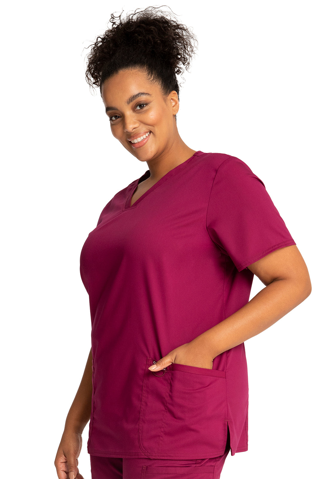 Revolution WW620 V-Neck Top Wine Model Image Right Side | Cherokee Workwear