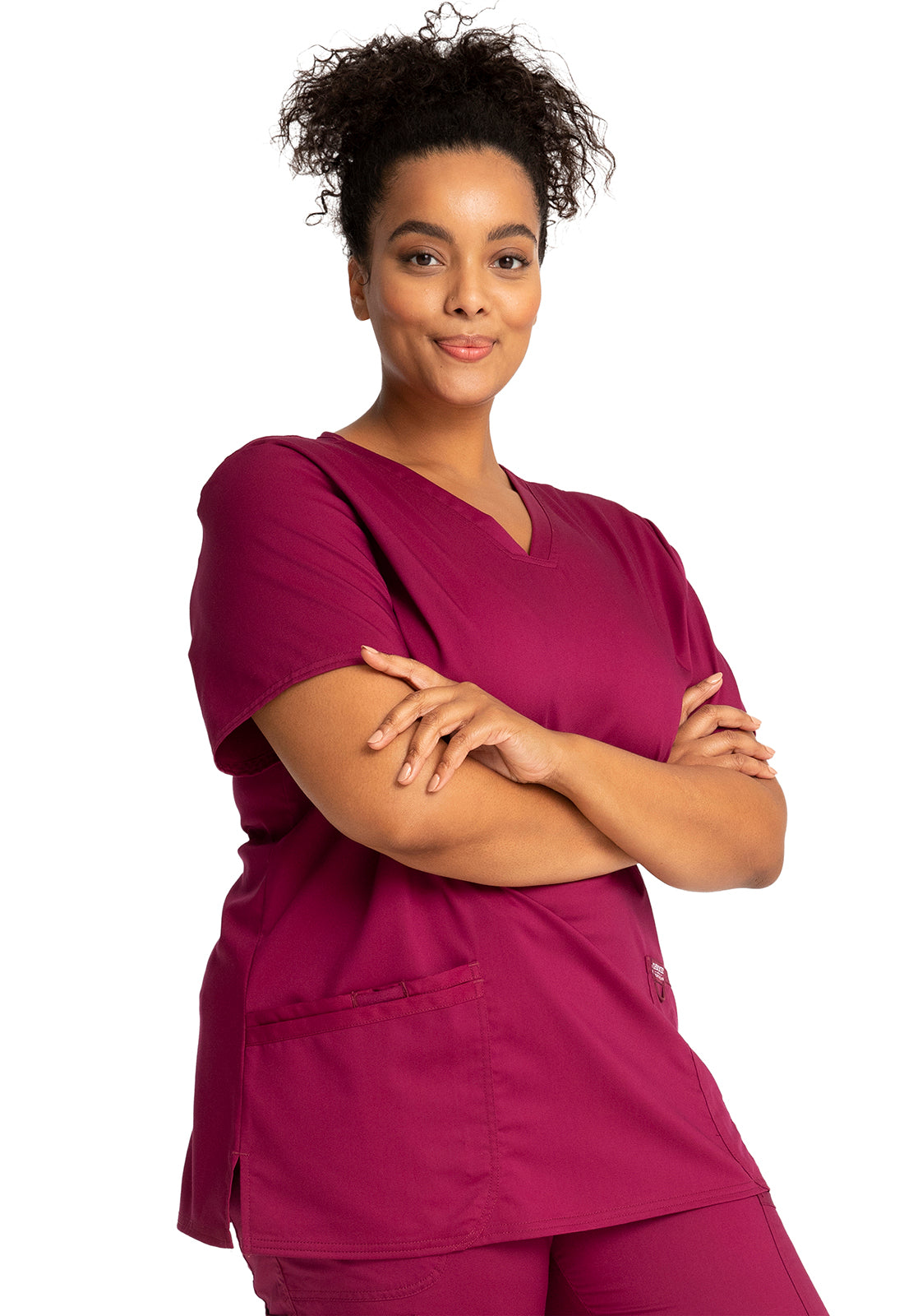 Revolution WW620 V-Neck Top Wine Model Image Left Side | Cherokee Workwear