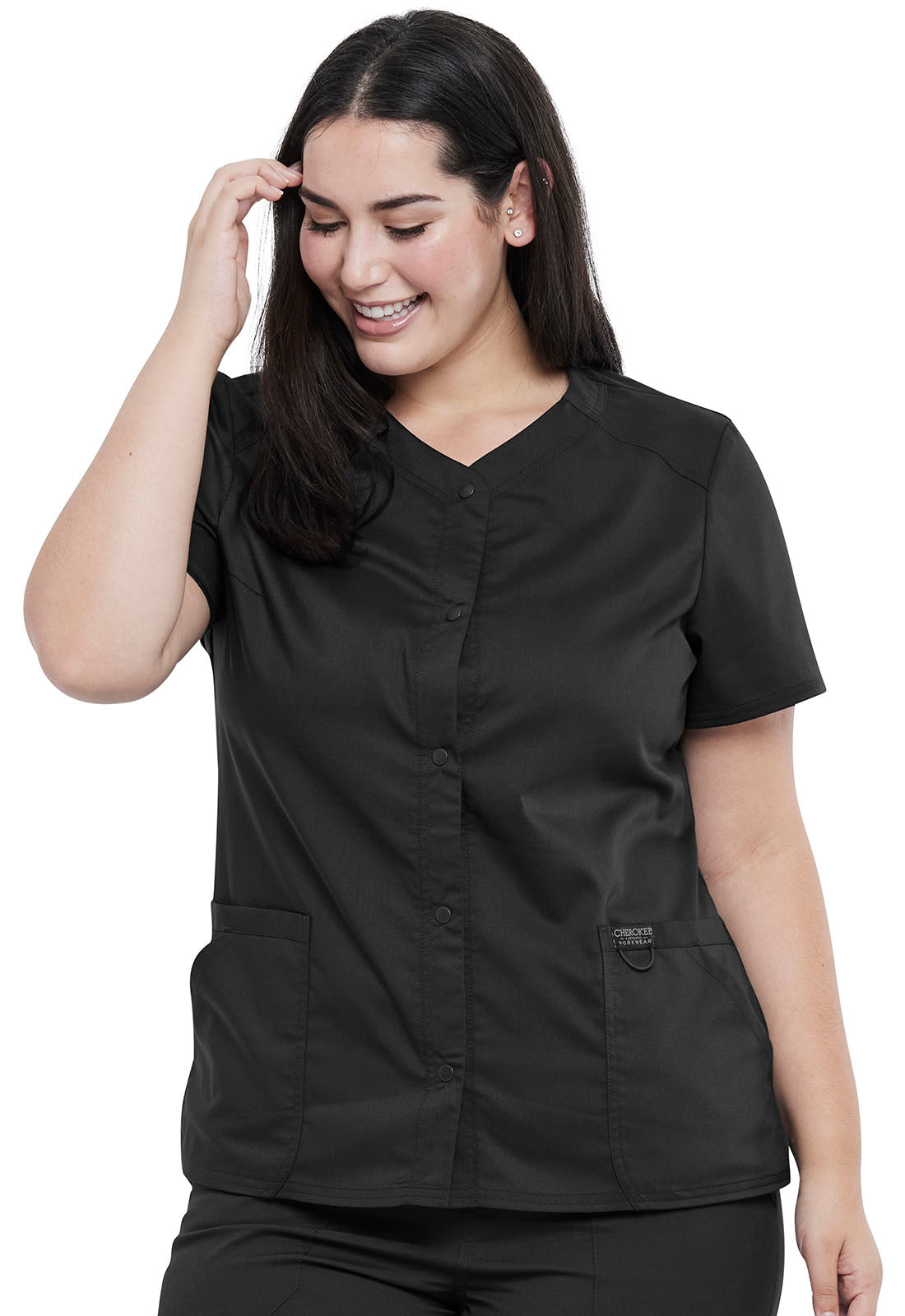 Revolution WW622 Snap Front V-Neck Top Black Model Image Front | Cherokee Workwear