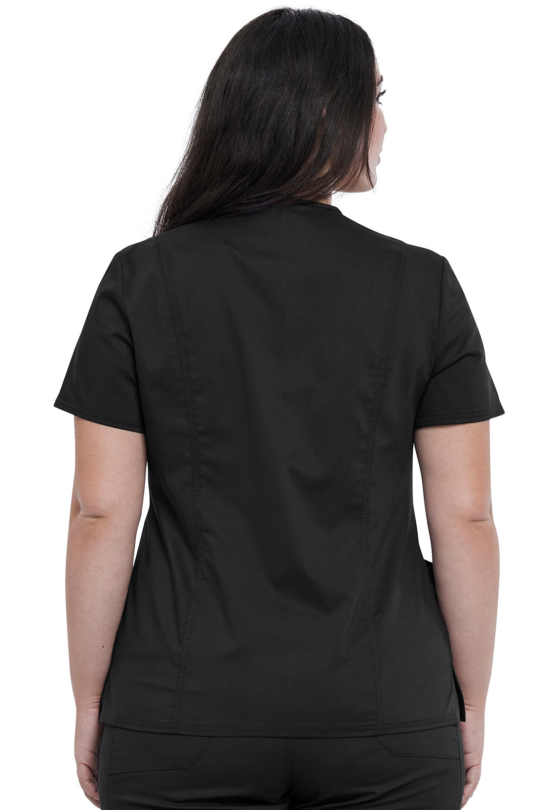 Revolution WW622 Snap Front V-Neck Top Black Model Image Back | Cherokee Workwear