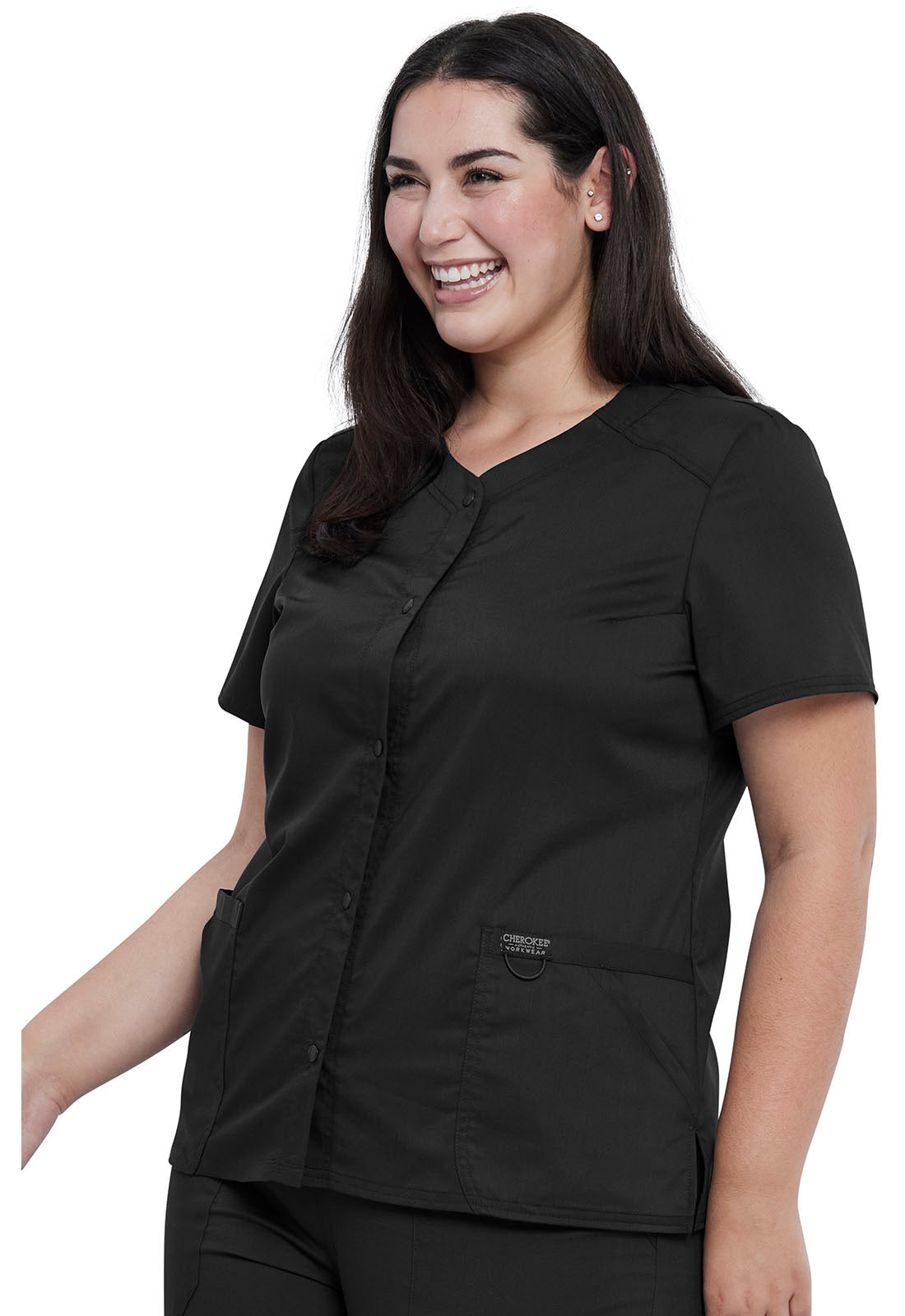 Revolution WW622 Snap Front V-Neck Top Black Model Image Right Side | Cherokee Workwear