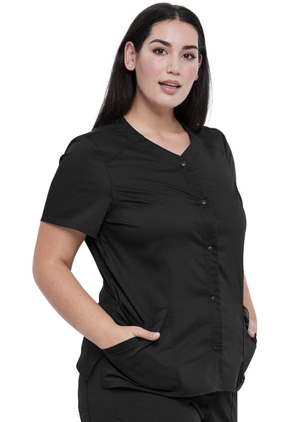 Revolution WW622 Snap Front V-Neck Top Black Model Image Left Side | Cherokee Workwear