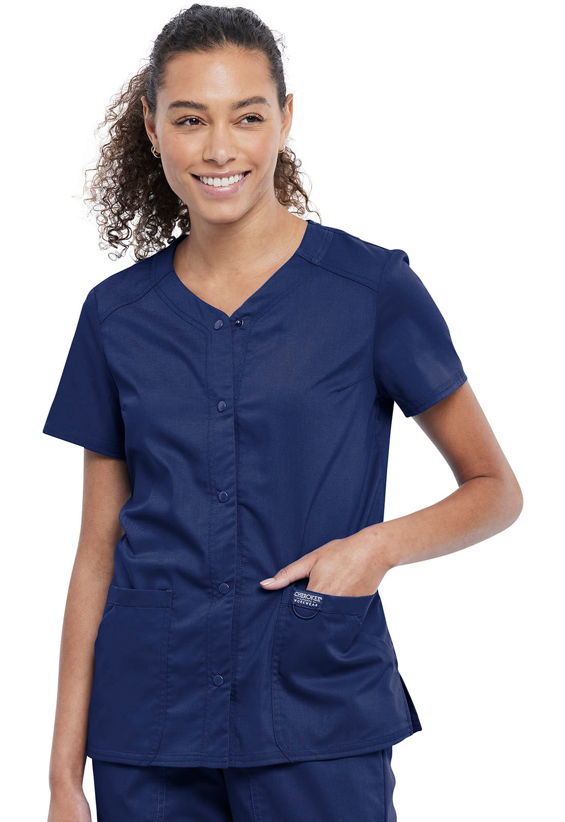 Revolution WW622 Snap Front V-Neck Top Navy Model Image Front | Cherokee Workwear